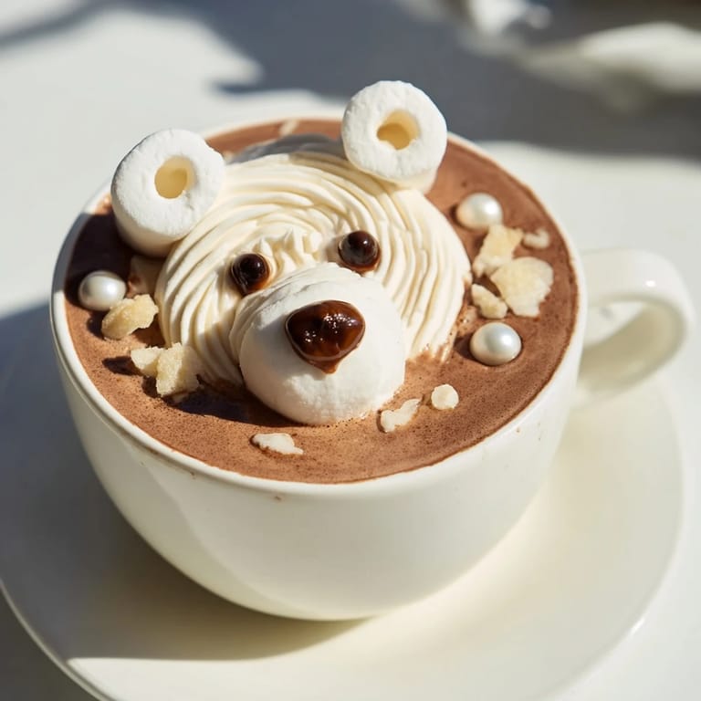 Plump polar bear marshmallows adorn this delightful Polar Bear Hot Chocolate Platter, perfect for a cozy winter treat.