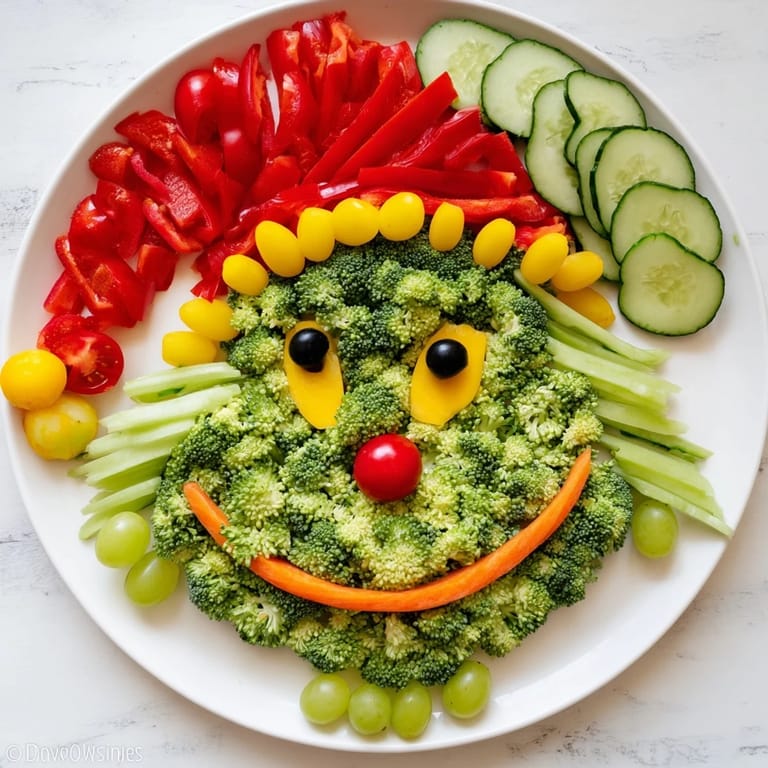 Festive Savory Crudités: Grinch Face appetizer featuring broccoli, sugar snap peas, and bright red tomatoes.