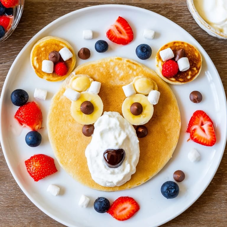 A colorful Polar Bear Pancake Stack Board with fresh fruit, hazelnut spread, and golden pancakes.
