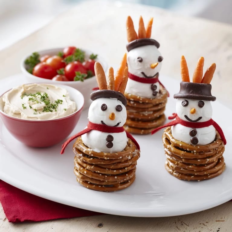 Get ready for a delicious snowman pretzel platter, perfect with creamy dips for holiday snacking.