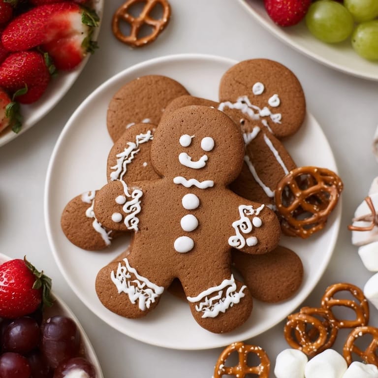 A close-up of a gingerbread man cookie board, ready for a holiday dessert spread, looks inviting.
