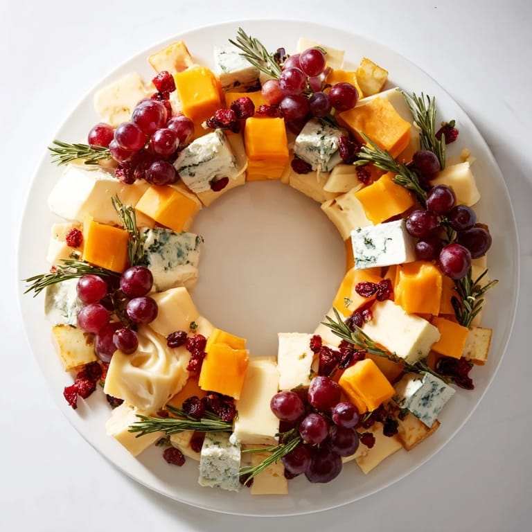 Showcasing a delicious Holiday Wreath Cheese Ring, a beautiful appetizer with various cheeses, olives, nuts, and grapes.