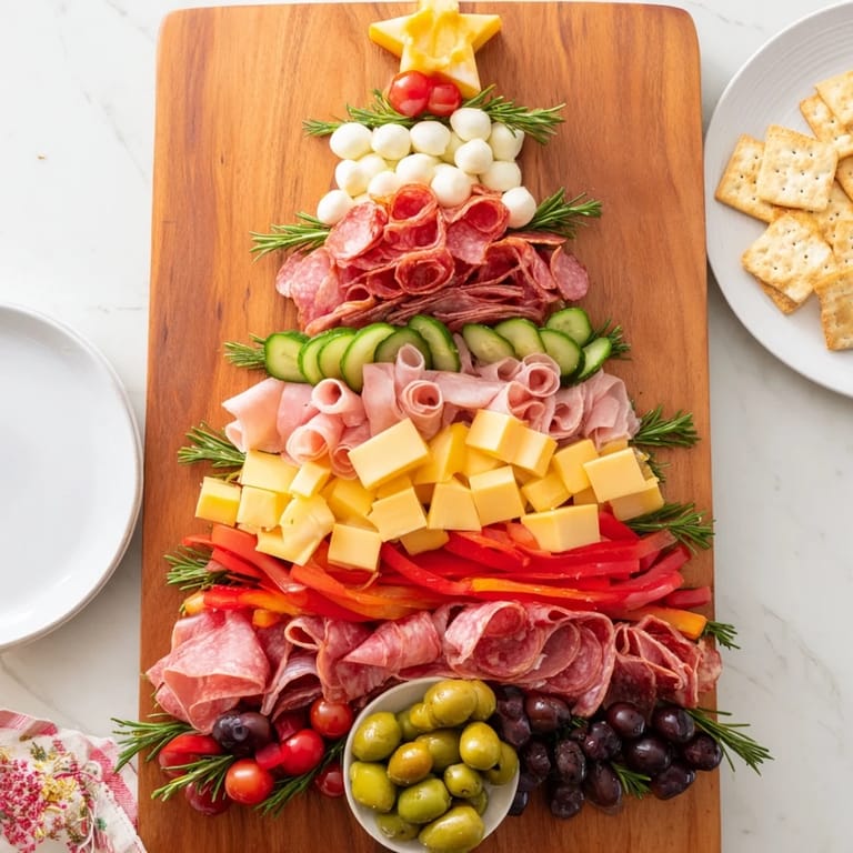 Vibrant Christmas Tree Charcuterie Board, arranged with inviting meats, cheeses, and garnishes for guests.