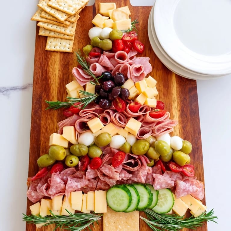 Festive Christmas Tree Charcuterie Board, a delicious appetizer featuring colorful salami, cheeses, and grapes.