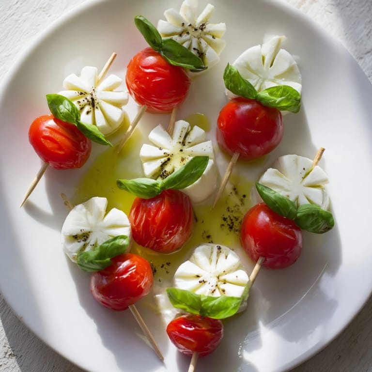 Delicious Caprese skewers feature star mozzarella, fresh basil, drizzled with balsamic glaze, ready to serve!