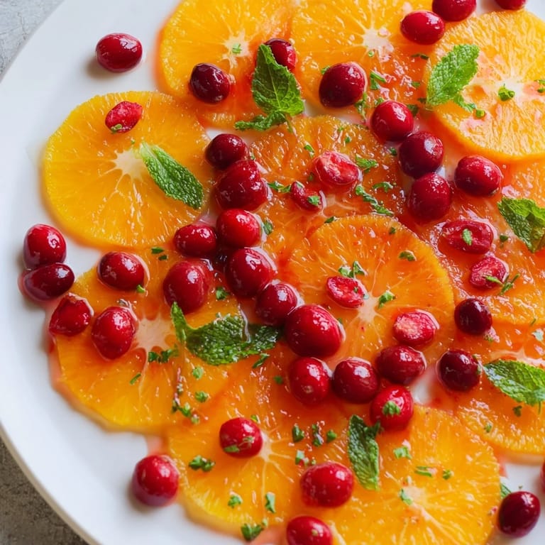 Fresh orange slices and cranberries scattered, a beautiful Winter Fruit salad, perfect side dish.