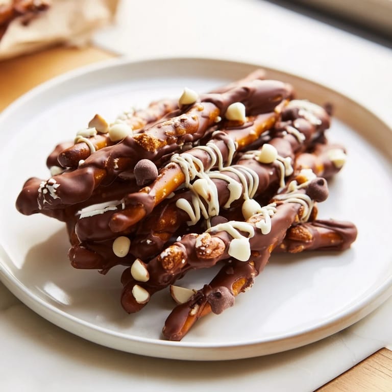 A festive shot of a finished chocolate covered pretzel stick stack, perfect for sharing and enjoying.