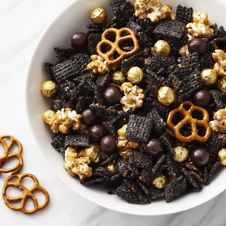 The delicious Gold and Black Midnight Snack Mix with a hint of dark chocolate, crunchy and festive.