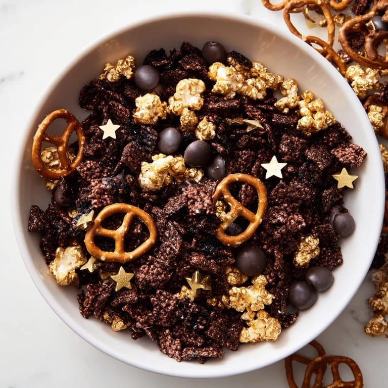 Perfectly baked Gold and Black Midnight Snack Mix with pretzel twists, ready to be enjoyed.