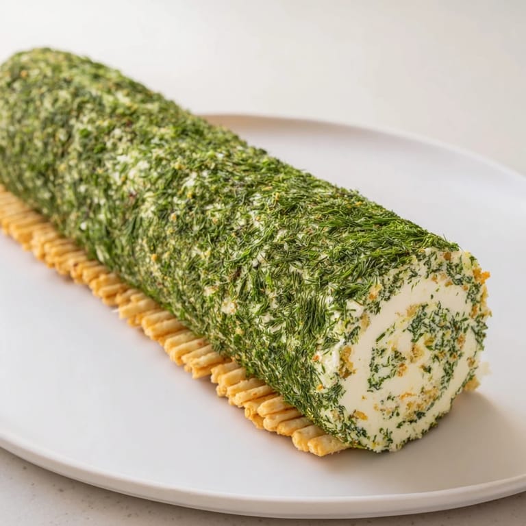 Close-up of a beautifully presented Herb-Coated Cheese Log, ready to be served and enjoyed.