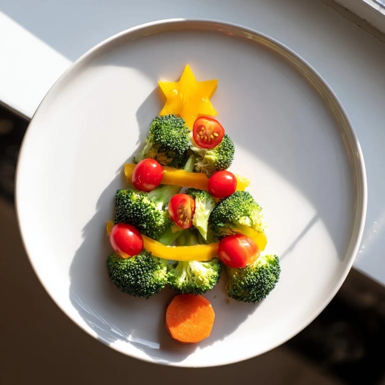 Freshly arranged Broccoli Tree, adorned with bright cherry tomatoes and yellow pepper star.