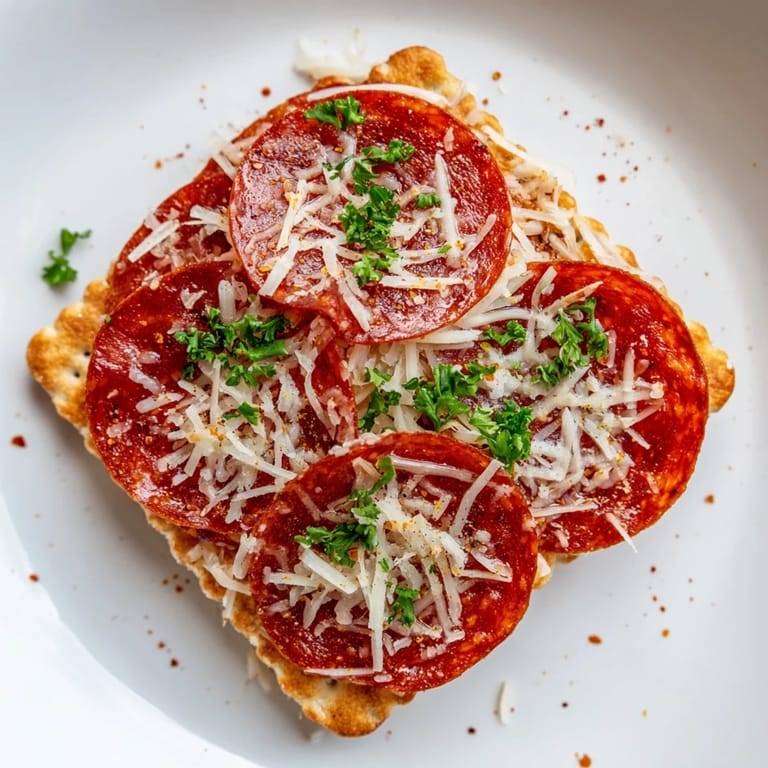 A close-up reveals melted mozzarella and pepperoni stacked on crackers – the perfect savory bites.