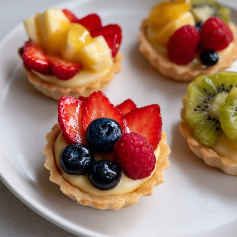 These French mini fruit tartlets showcasing a vibrant array of fresh fruit atop creamy pastry cream look delicious.