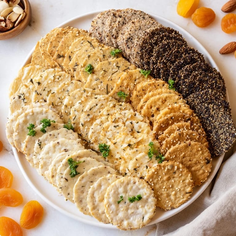 Layered arrangement of gourmet crackers: A visually stunning appetizer, perfect for snacking and entertaining.