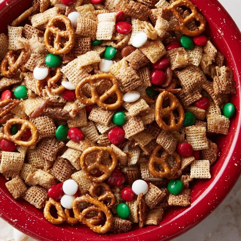 Sweet and salty Holiday Mix, a snack blend with perfect crunch, displayed in a holiday bowl.