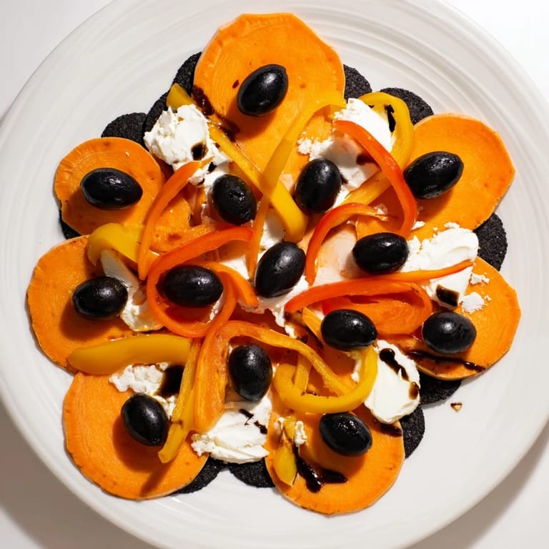 Artfully displayed Monarch Butterfly Wings appetizer features colorful orange, black, and green ingredients.