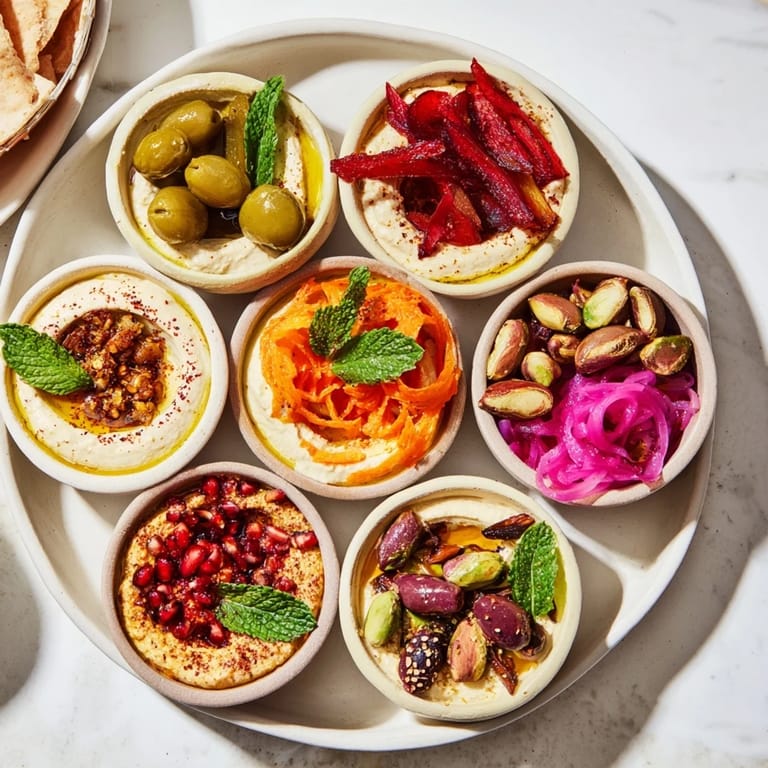 Close-up of vibrant Moroccan Tile Mosaic, a delicious appetizer featuring hummus, marinated veggies, and nuts.