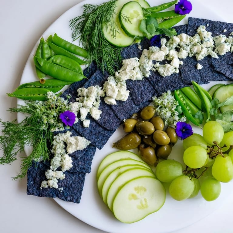 A close-up of the Deep Sea Ocean Wave platter, featuring fresh grapes and vibrant green olives.
