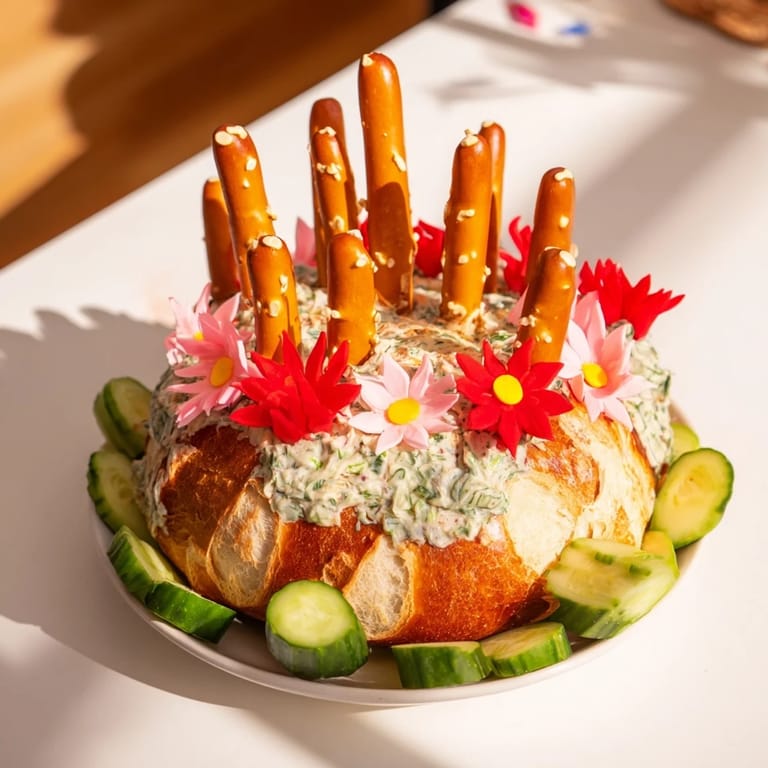 Savory pretzel "needles" decorate the striking Desert Cactus Bloom, an imaginative, artistic appetizer.