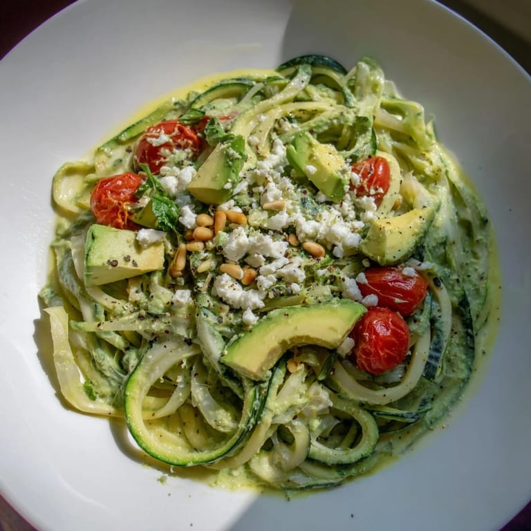 Green Goddess Zoodle Pasta with fresh tomatoes and avocado, a light and flavorful low-carb meal.