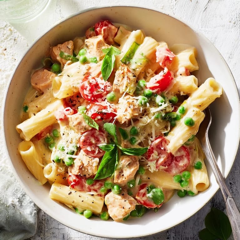 A creamy skillet of The Last Bite Chicken Pasta, with rich sauce and a sprinkle of fresh herbs.