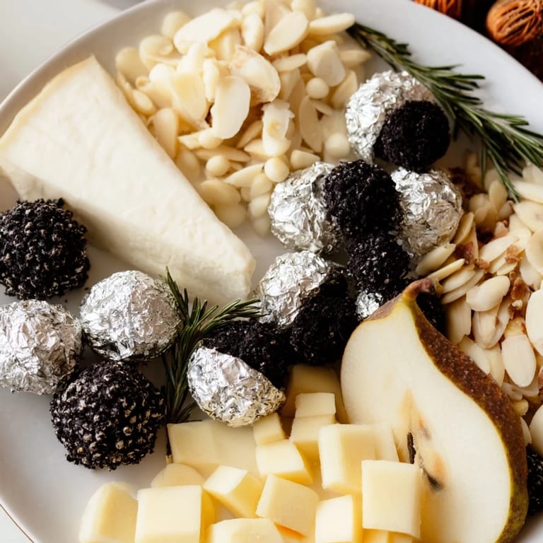 Delectable silver screen cheese board with creamy brie, goat cheese, and shimmering dark chocolates.