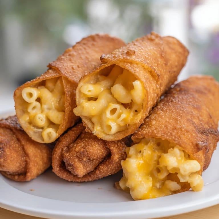 Close-up of freshly fried Tinis Mac and Cheese Lumpia Rolls, showcasing its creamy, cheesy texture.