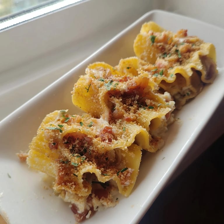 A baked, layered Chicken and Pasta Crinkle Cake, showing a cross-section of flaky, golden phyllo and hearty filling.