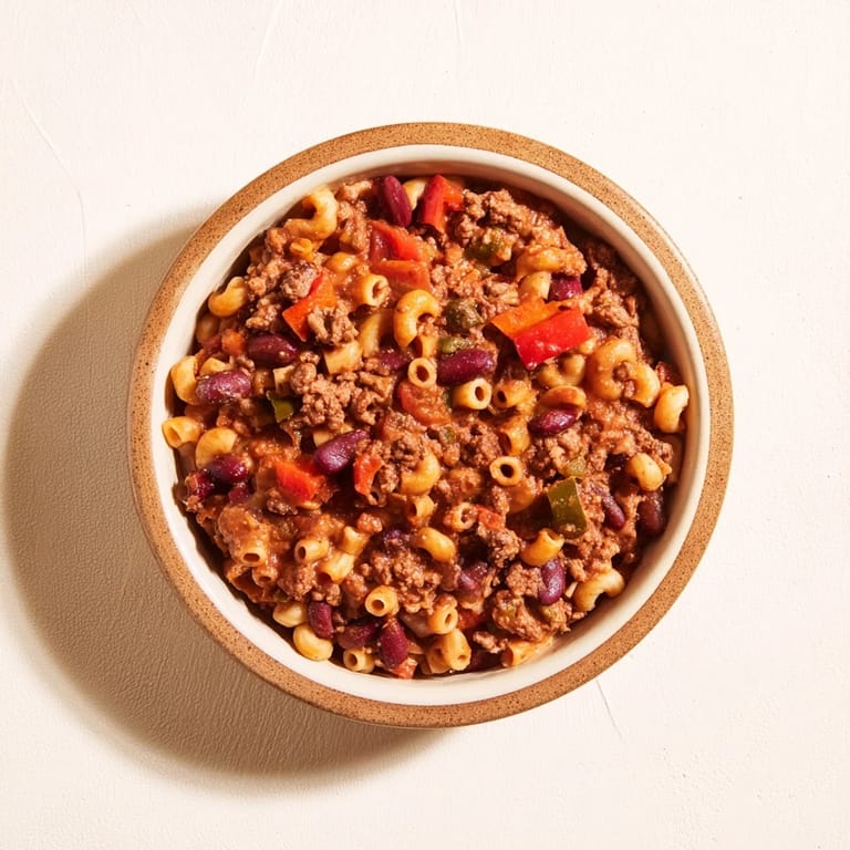 Tender ditalini pasta swims in a flavorful one-pot Hot Cocoa Chili, perfect for a cozy dinner.