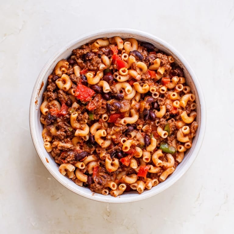 Hearty close-up of the flavorful one-pot Ditalini with Hot Cocoa Chili, garnished and ready to eat.