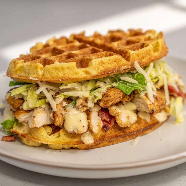 Imagine the crispy stuffing waffles sandwiching flavorful chicken and Caesar salad; that's a Chicken Caesar Waffle Sandwich.