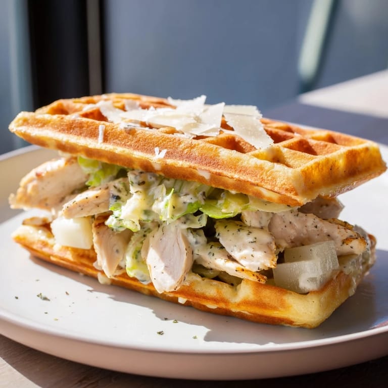 Perfectly assembled Chicken Caesar Waffle Sandwich, ready to eat, featuring grilled chicken and fresh romaine.