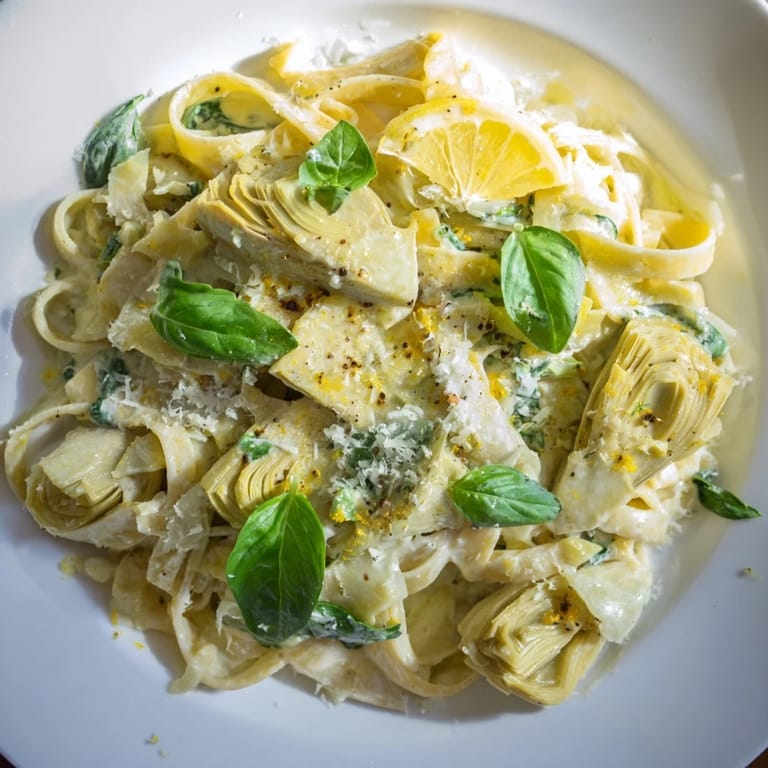 A close-up of creamy lemon artichoke pasta, with fresh basil, ready for a delicious dinner.