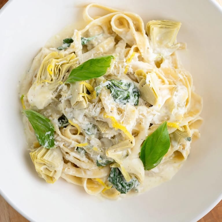 Lemony, creamy artichoke pasta, beautifully plated, and perfect for a vegetarian meal tonight.