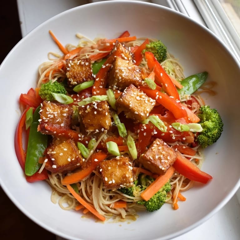 Steaming-hot Sesame Ginger Tofu Stir-Fry with tender noodles, a medley of colorful veggies, and sesame seeds.