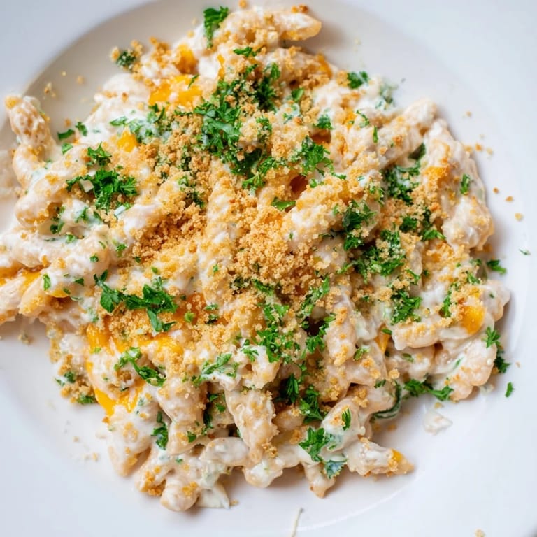 Homemade high-protein mac & cheese, a hearty dish with a smooth cottage cheese sauce, a perfect dinner.