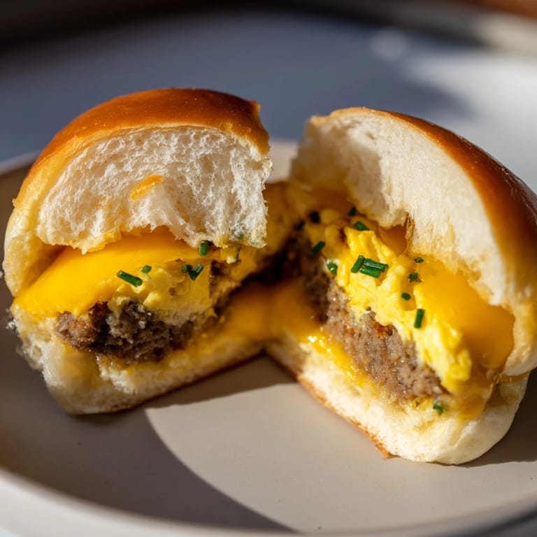 A close-up of delicious Mini Breakfast Sliders stacked high, showcasing the layered ingredients and golden buns.