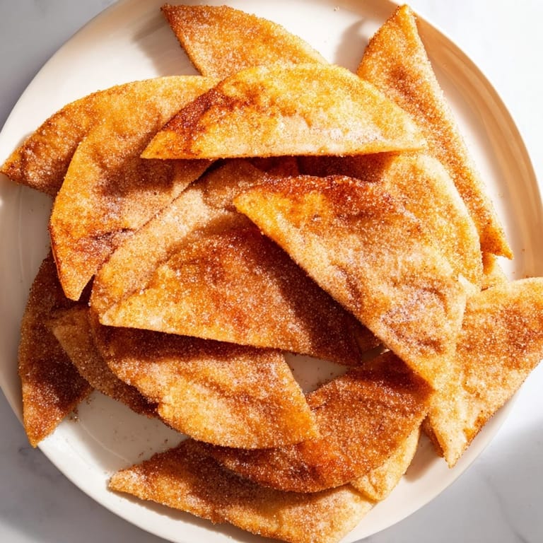 Warm cinnamon sugar tortilla chips, arranged on a plate—imagine the sweet, crunchy texture.