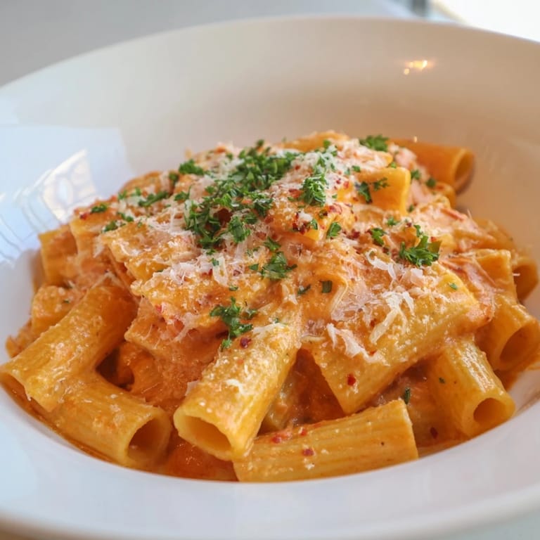 A steaming bowl of Gigi Hadid-Style Spicy Rigatoni, garnished with fresh parsley and Parmesan cheese.
