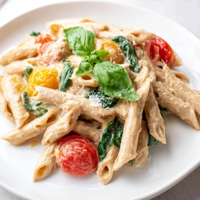 A vibrant dish of creamy Cottage Cheese High-Protein Pasta with spinach, offering a savory aroma.