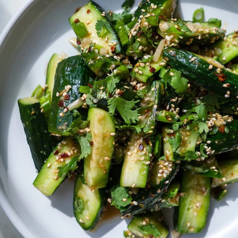 Imagine a bowl of Chinese Spicy Smashed Cucumber Salad: crunchy, with fiery red chili flakes and sesame seeds.