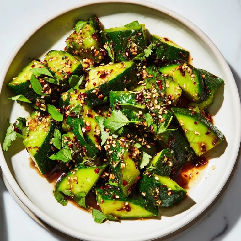 Close-up photo of Chinese Spicy Smashed Cucumber Salad, presenting crisp cucumbers glistening with sesame oil.