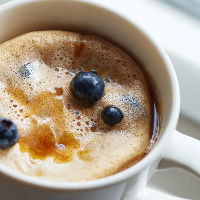 Steaming-hot Microwave Mug Pancakes, perfectly puffed alongside a bowl of fresh blueberries for a quick breakfast.