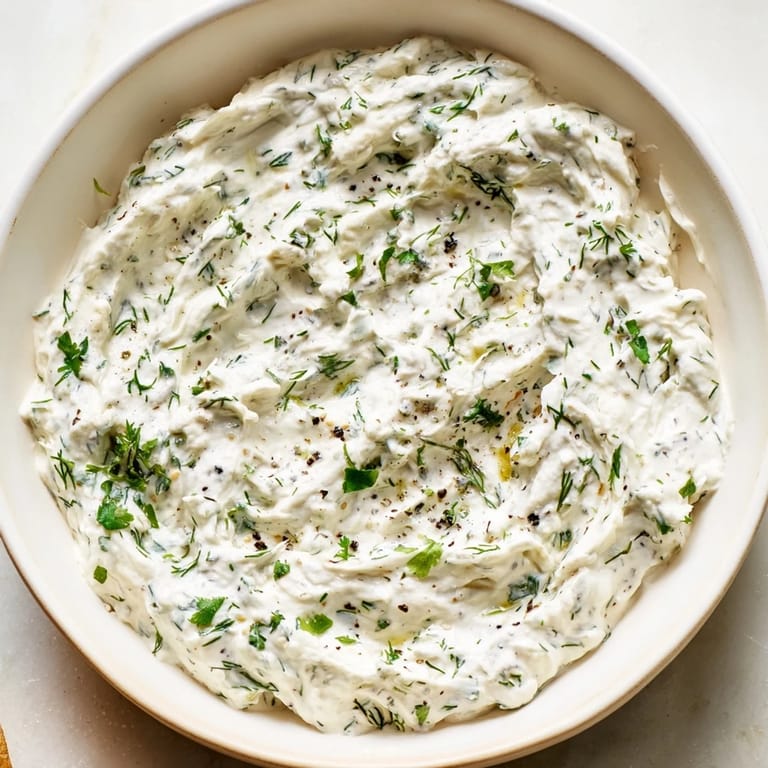 Close-up of a refreshing Greek yogurt herb dip; the herbs and garlic mix beautifully.
