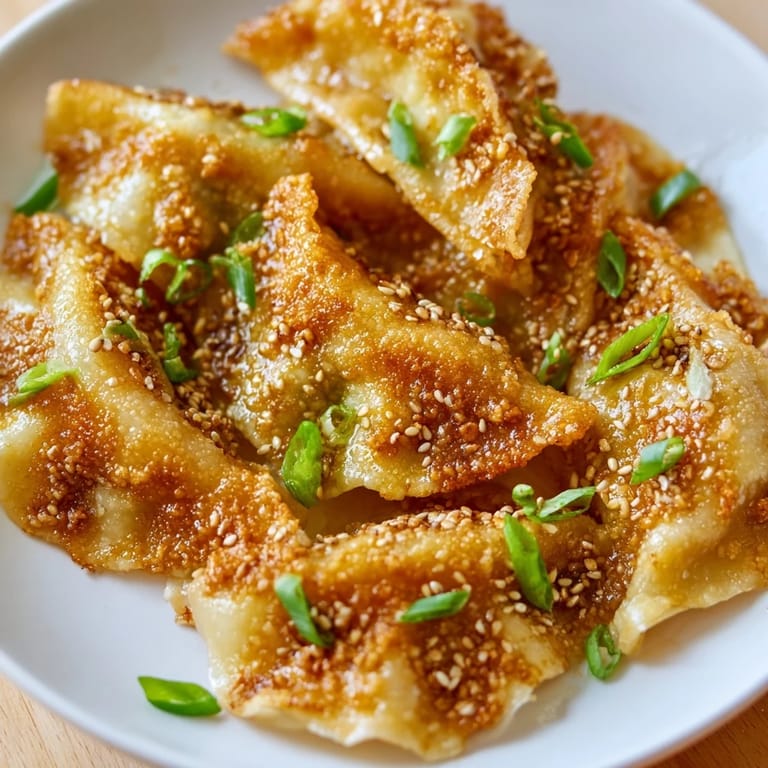 Steaming plate of air fryer frozen dumplings with a savory sesame oil glaze, perfect for a flavorful appetizer.