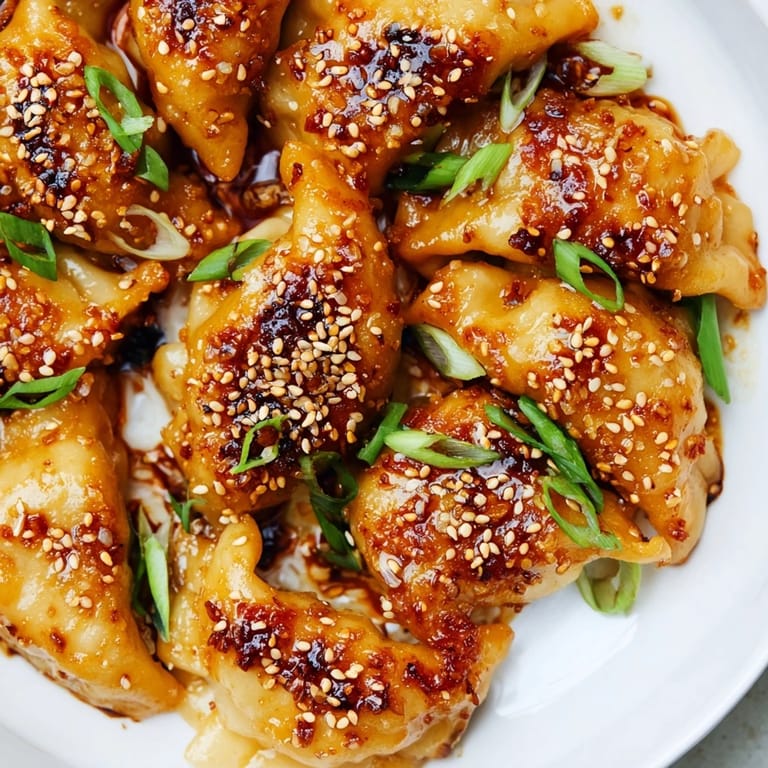 Crispy air fryer frozen dumplings glistening with sesame oil, a quick and delicious Asian-inspired snack.