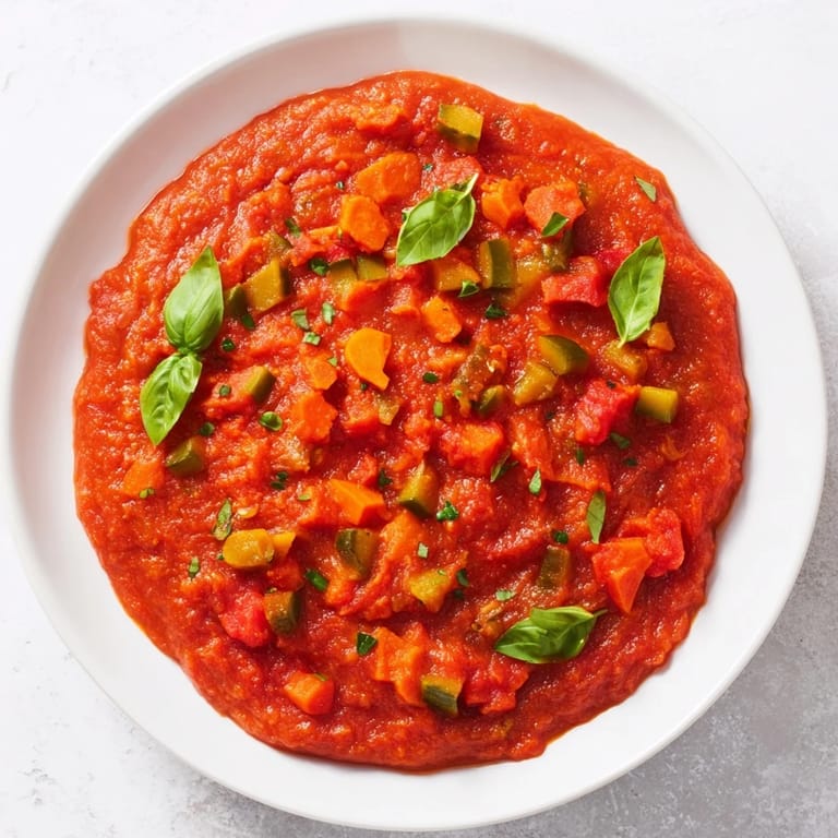 Bright red Veggie-Loaded Tomato Pasta Sauce with herbs ready to be served over warm, cooked pasta.