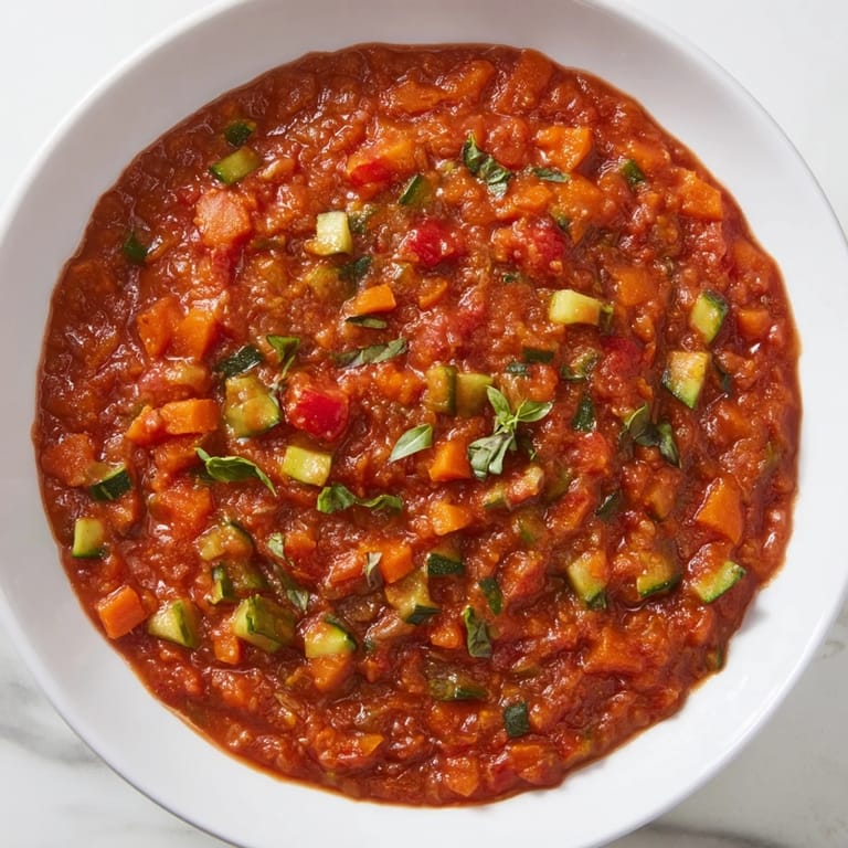 Thick and velvety Veggie-Loaded Tomato Pasta Sauce simmering, a delicious Italian-inspired creation.