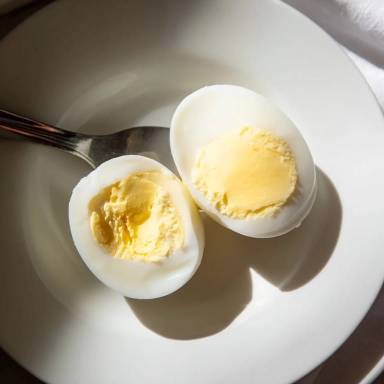 Golden yellow yolks inside air fryer boiled eggs, a quick and simple breakfast snack option.