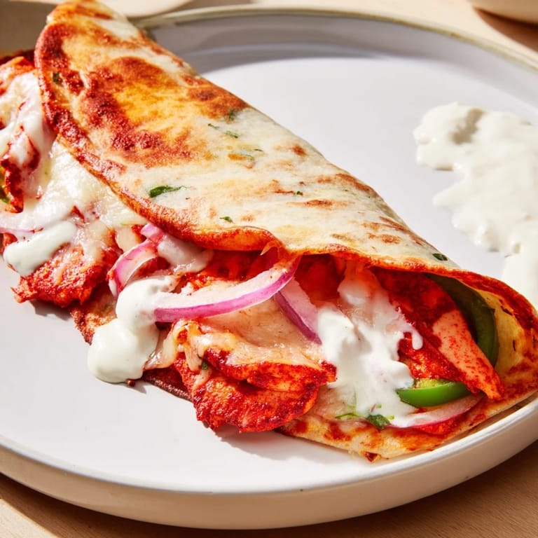 A close-up of a sizzling Tandoori Chicken Quesadilla, showing flavorful chicken and gooey cheese inside.
